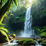 "Lush Brazilian rainforest waterfall cascading over mossy rocks, sunlight filtering through the canopy, creating a mystical atmosphere, vibrant greens and blues, sense of tranquility."
