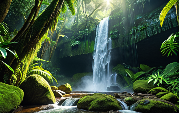 "Lush Brazilian rainforest waterfall cascading over mossy rocks, sunlight filtering through the canopy, creating a mystical atmosphere, vibrant greens and blues, sense of tranquility."