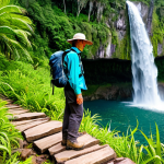 A professional ecotourist in modest, durable hiking attire, including a long-sleeved shirt, hiking pants, and sturdy boots, carrying a small backpack, standing on a well-maintained trail overlooking a pristine Brazilian waterfall. The scene features clear turquoise water cascading over natural rock formations, surrounded by lush green vegetation and vibrant tropical flora under natural sunlight. The atmosphere is calm and respectful of nature, emphasizing responsible exploration. safe for work, appropriate content, fully clothed, family-friendly, perfect anatomy, correct proportions, natural pose, well-formed hands, proper finger count, natural body proportions, professional photography, high quality.