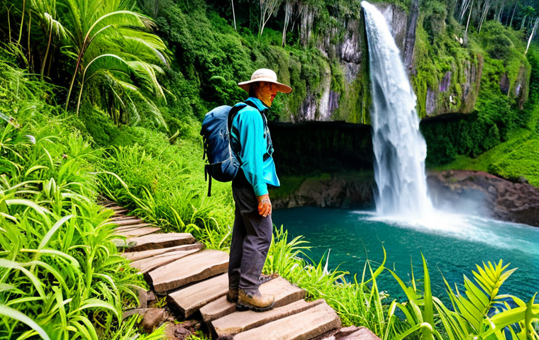 A professional ecotourist in modest, durable hiking attire, including a long-sleeved shirt, hiking pants, and sturdy boots, carrying a small backpack, standing on a well-maintained trail overlooking a pristine Brazilian waterfall. The scene features clear turquoise water cascading over natural rock formations, surrounded by lush green vegetation and vibrant tropical flora under natural sunlight. The atmosphere is calm and respectful of nature, emphasizing responsible exploration. safe for work, appropriate content, fully clothed, family-friendly, perfect anatomy, correct proportions, natural pose, well-formed hands, proper finger count, natural body proportions, professional photography, high quality.