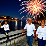 Festa de São João, Porto**

"A vibrant street scene during the Festa de São João in Porto, Portugal. People are fully clothed in contemporary attire, celebrating with plastic hammers and enjoying grilled sardines. Fireworks light up the night sky over the Douro River. Safe for work, appropriate content, fully clothed, professional photography, perfect anatomy, natural proportions, family-friendly."

**