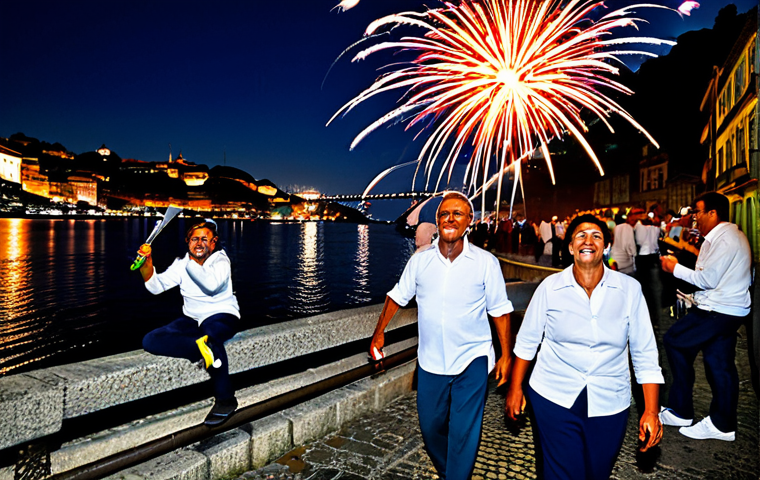 Festa de São João, Porto**
"A vibrant street scene during the Festa de São João in Porto, Portugal. People are fully clothed in contemporary attire, celebrating with plastic hammers and enjoying grilled sardines. Fireworks light up the night sky over the Douro River. Safe for work, appropriate content, fully clothed, professional photography, perfect anatomy, natural proportions, family-friendly."
**