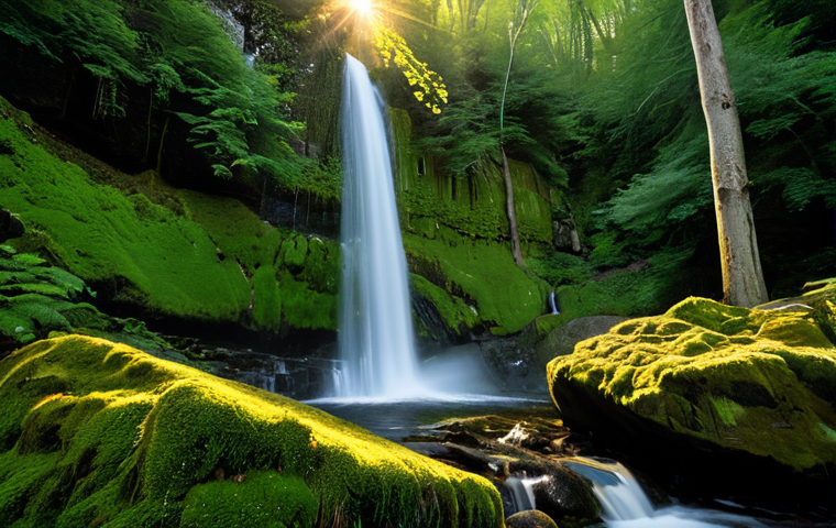 **
"A majestic waterfall cascading down moss-covered rocks in a lush, green forest. Golden sunlight filters through the trees, illuminating the water with a soft, warm glow. A professional photographer in appropriate attire stands on a sturdy rock, capturing the scene. Fully clothed, safe for work, perfect anatomy, natural proportions, professional landscape photography, high quality, appropriate content, family-friendly, modest."
**