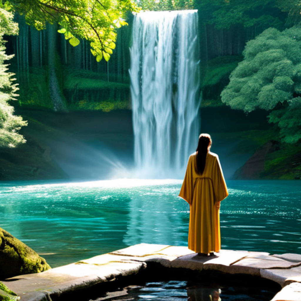 폭포와 인간의 관계 - Mythical Waterfall Scene**
"A lush, vibrant waterfall cascading into a clear pool, surrounded by an...