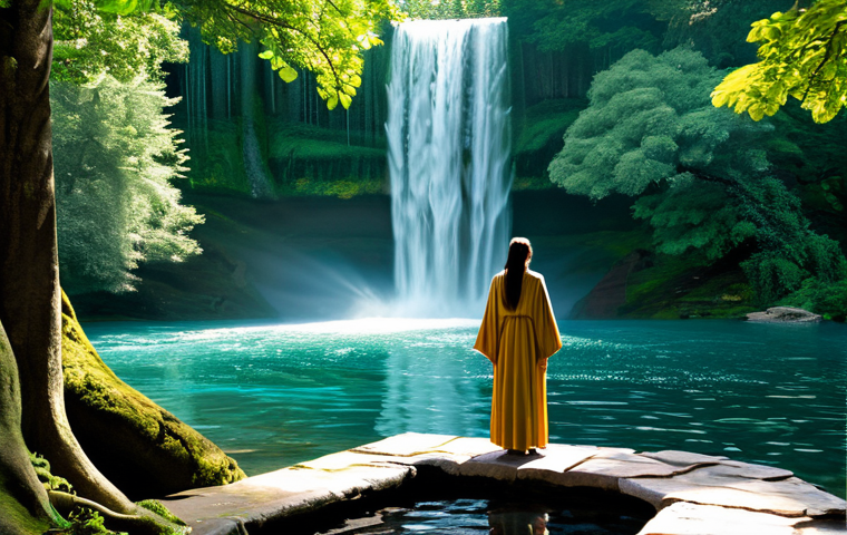 폭포와 인간의 관계 - Mythical Waterfall Scene**
"A lush, vibrant waterfall cascading into a clear pool, surrounded by an...