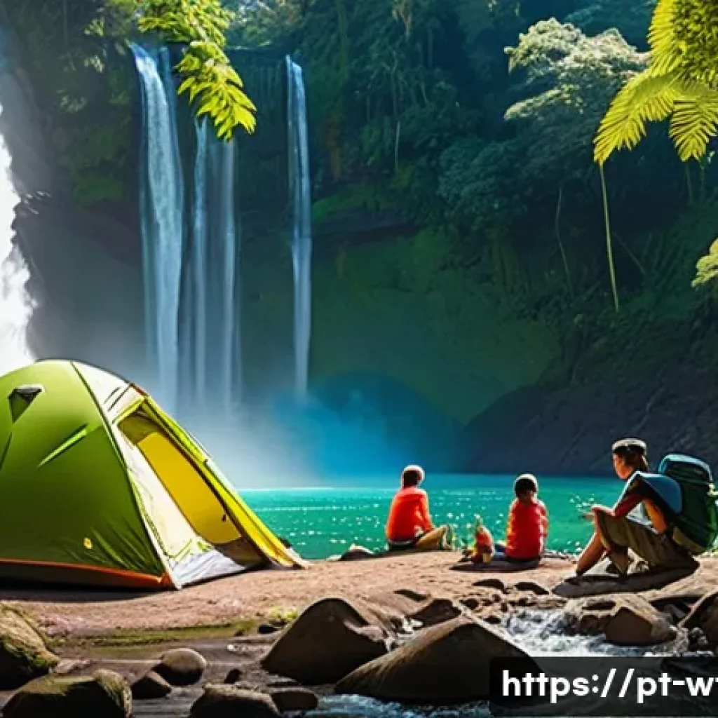폭포 근처 캠핑 명소 - A vibrant camping scene near a large Brazilian waterfall during daytime, lush dense tropical forest ...