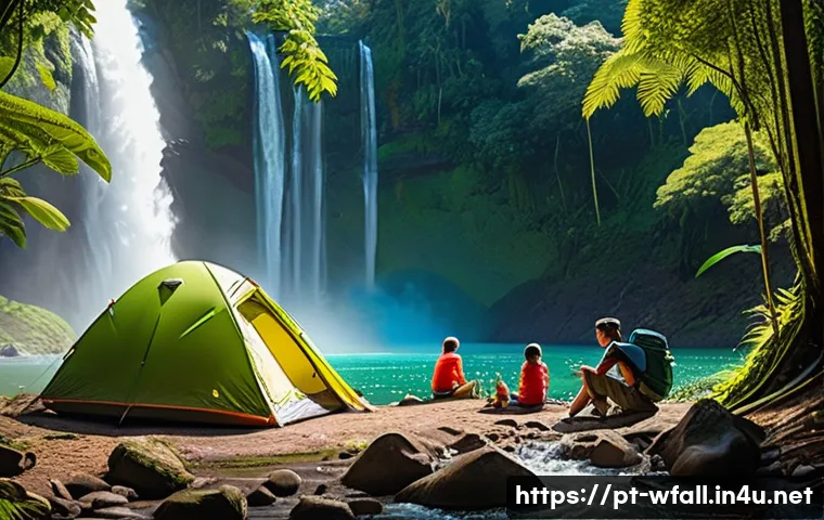 폭포 근처 캠핑 명소 - A vibrant camping scene near a large Brazilian waterfall during daytime, lush dense tropical forest ...