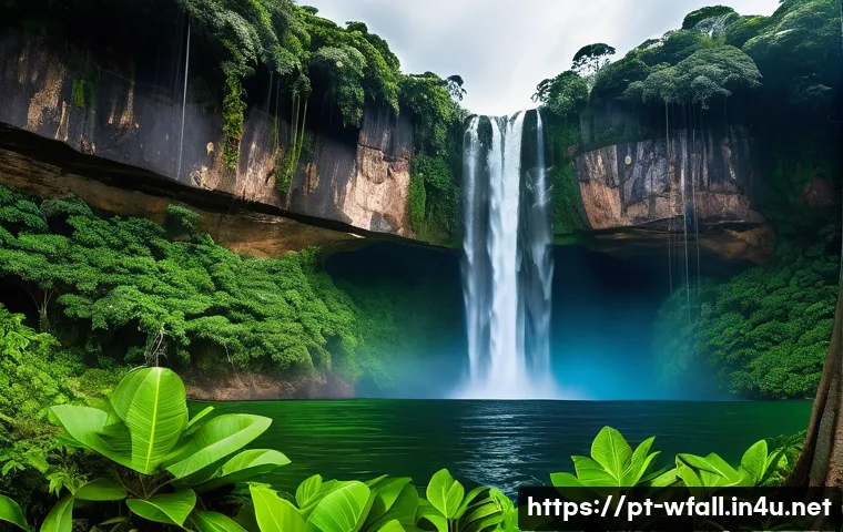 폭포의 자연 정화 기능 - A vibrant Brazilian waterfall surrounded by lush Atlantic Forest vegetation, with crystal-clear wate...