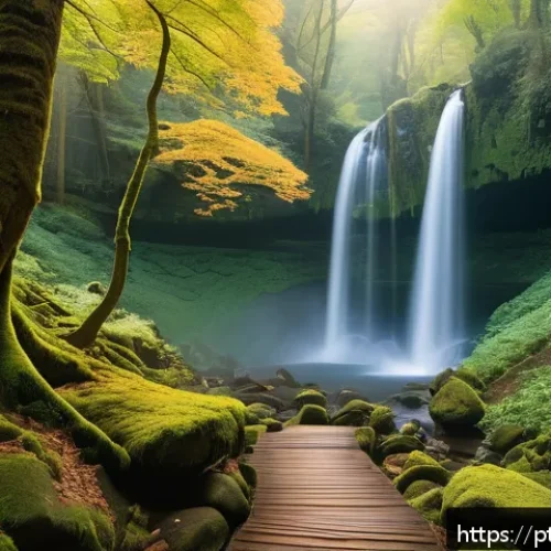 Home 32 한국의 역사적인 폭포 - A serene and lush forest trail leading to a majestic waterfall with a 22-meter drop, known for the l...