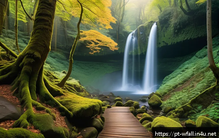 한국의 역사적인 폭포 - A serene and lush forest trail leading to a majestic waterfall with a 22-meter drop, known for the l...