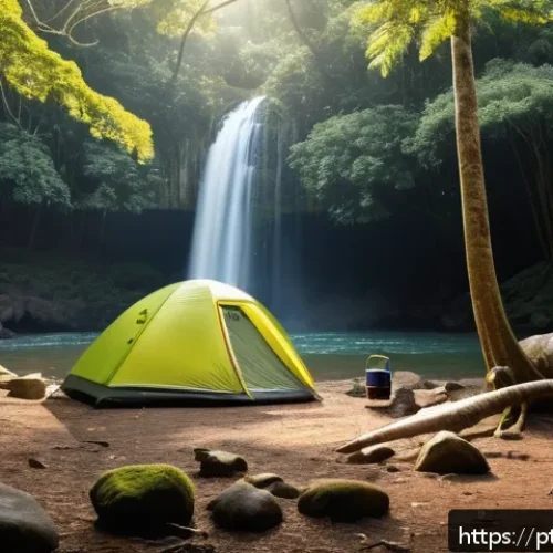 Home 31 폭포 주변 무료 캠핑장 - A serene camping scene by a hidden waterfall in a lush Brazilian forest, featuring a sturdy tent pit...
