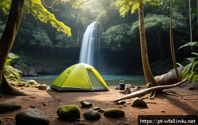 폭포 주변 무료 캠핑장 - A serene camping scene by a hidden waterfall in a lush Brazilian forest, featuring a sturdy tent pit...