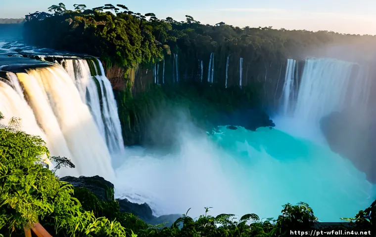 Home 17 폭포가 유명한 지역별 특징 - Photorealistic panoramic view of Iguazu Falls on the Brazil–Argentina border, immense layered waterf...